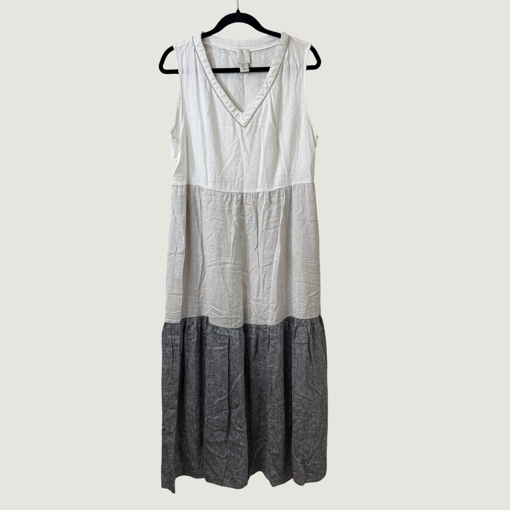 Joie Sleeveless Maxi Dress Linen Blend White Grey Colorblock Coastal Tiered L